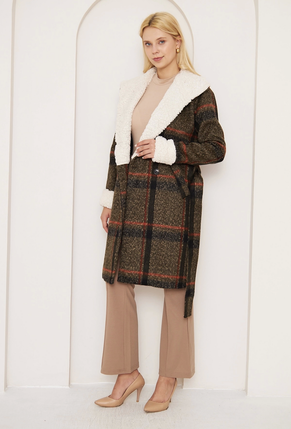 Fur Plaid Coat Brown