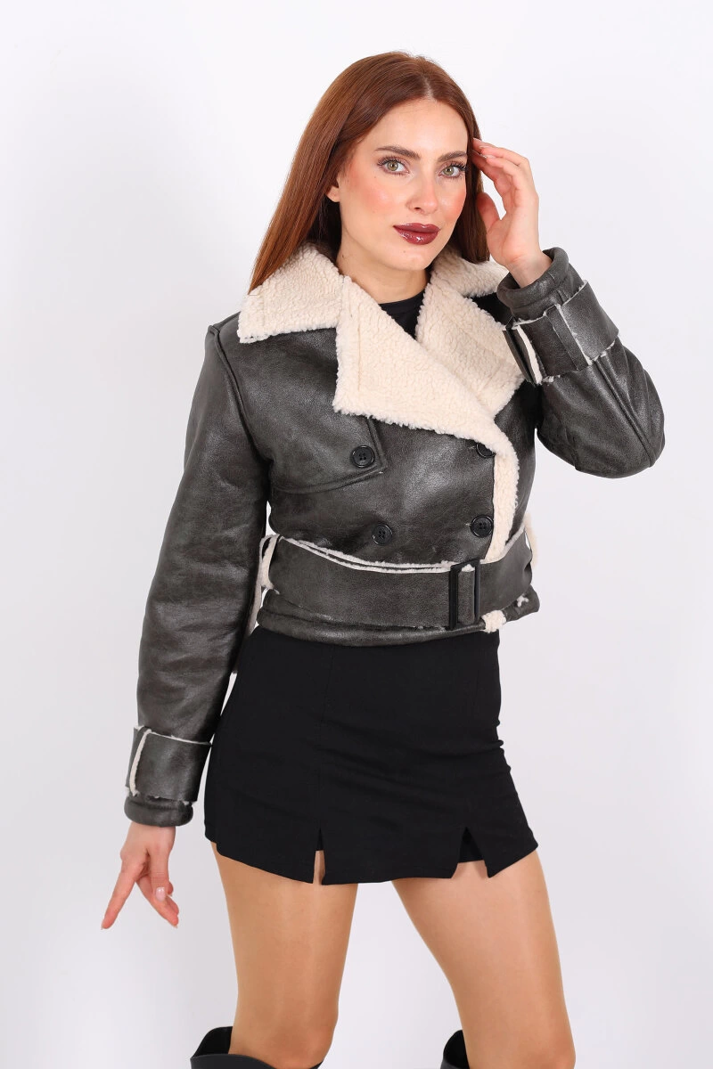 Kürklü Suni Deri Kemerli Haki Kadın Kısa Mont