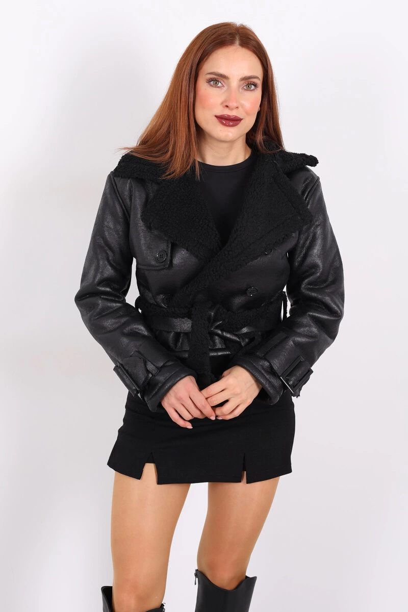 Kürklü Suni Deri Kemerli Siyah Kadın Kısa Mont