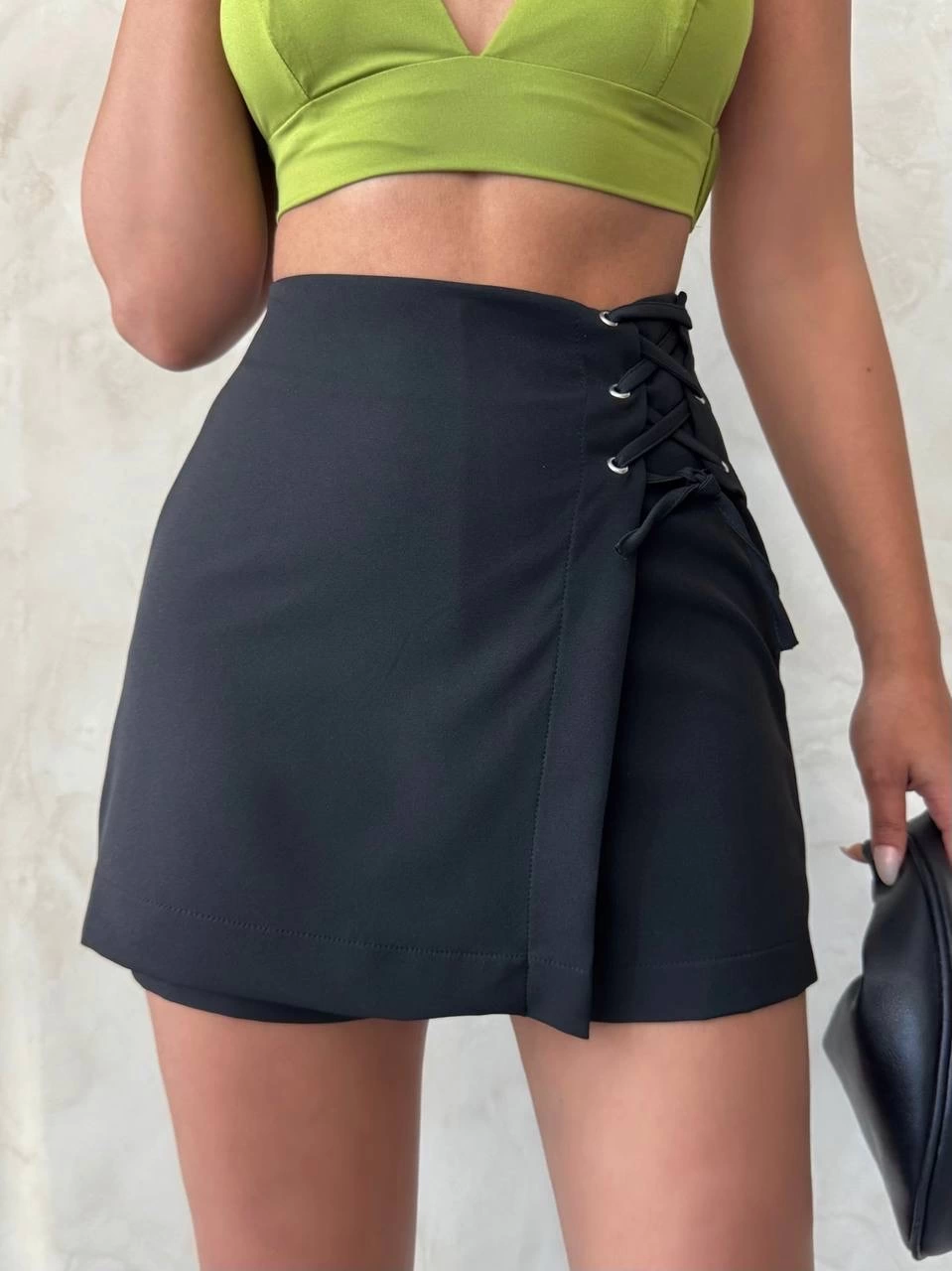 Women's Eyelet Lace-Up Black Shorts