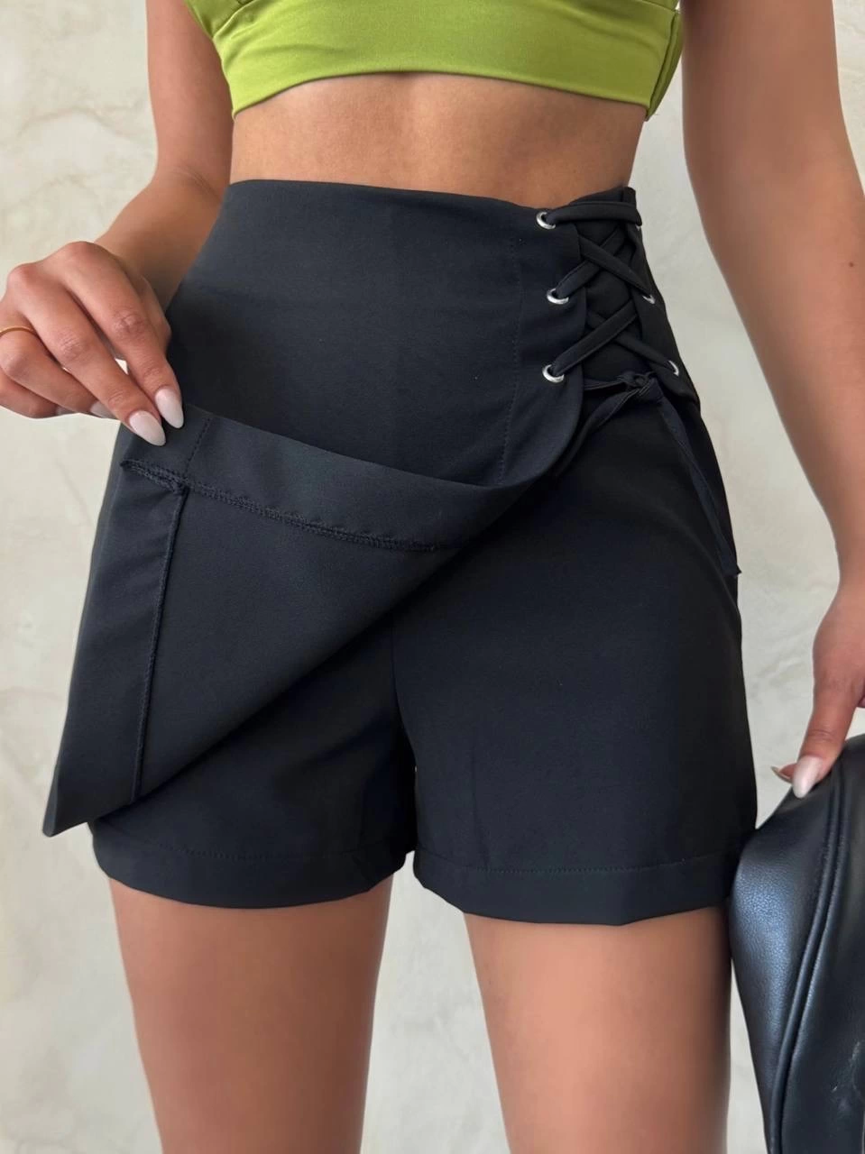Women's Eyelet Lace-Up Black Shorts