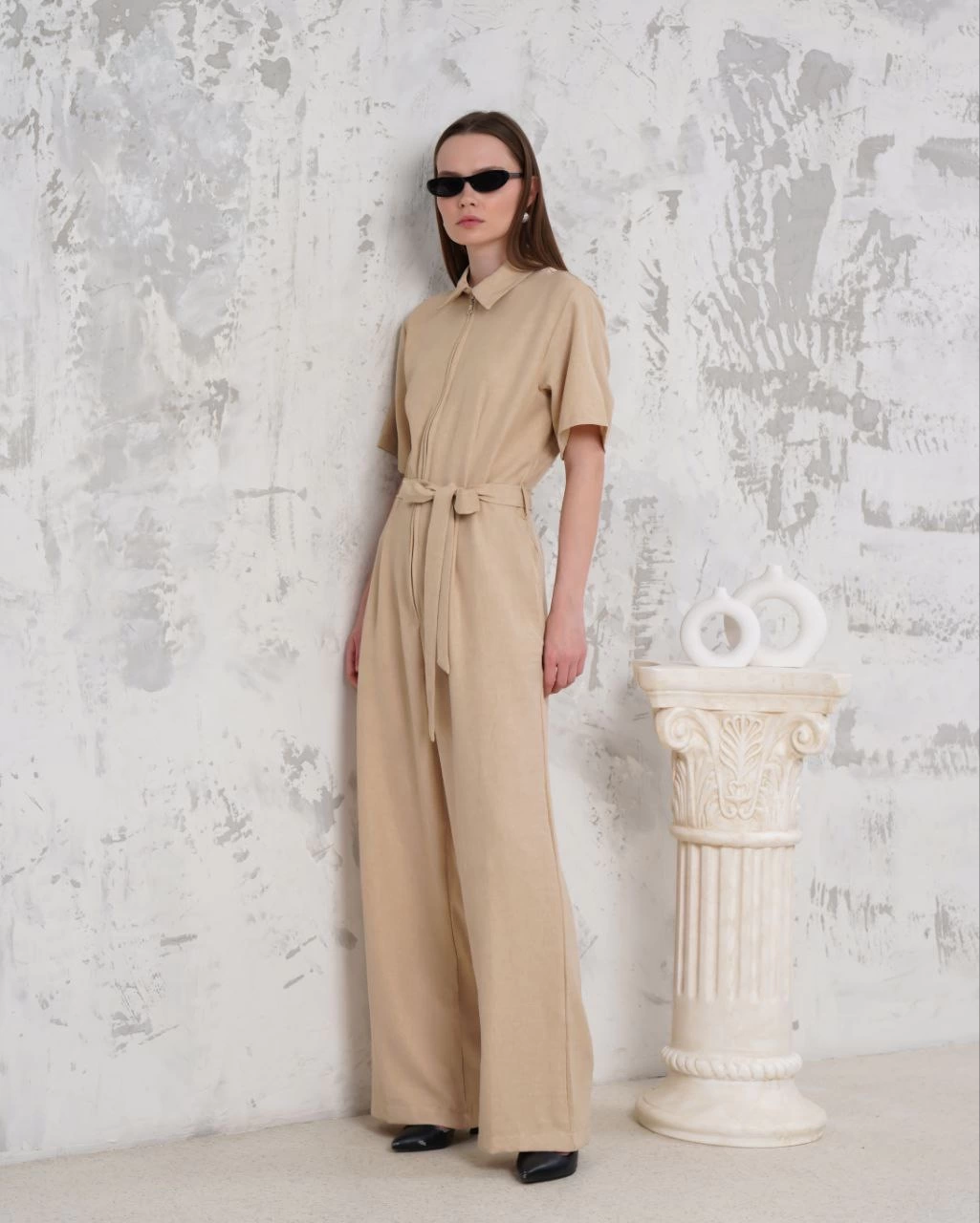 Belted Shirt Collar Casual Overalls Beige