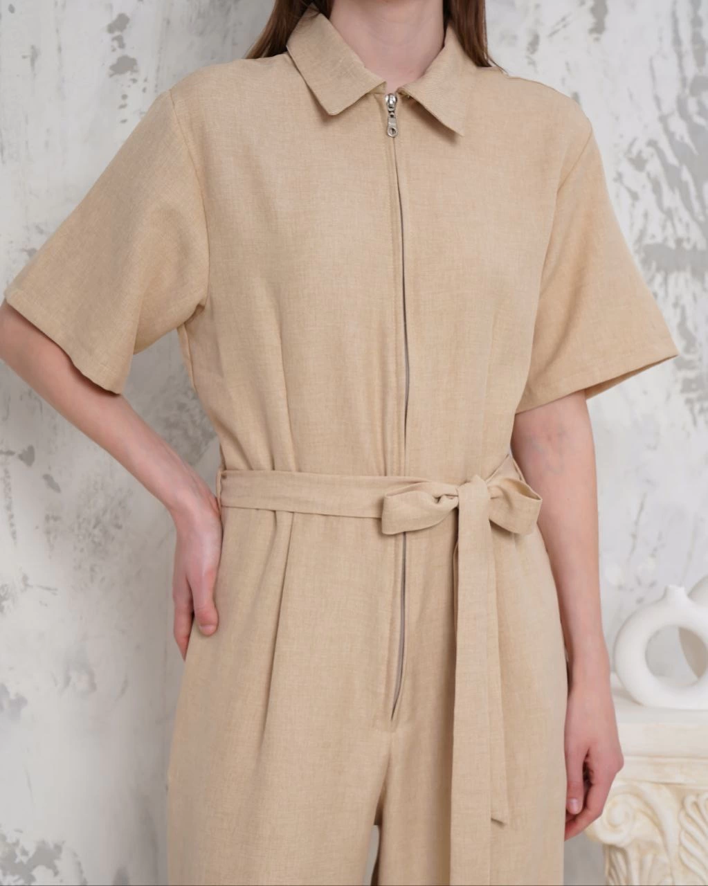Belted Shirt Collar Casual Overalls Beige