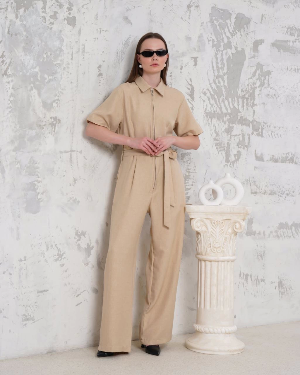 Belted Shirt Collar Casual Overalls Beige