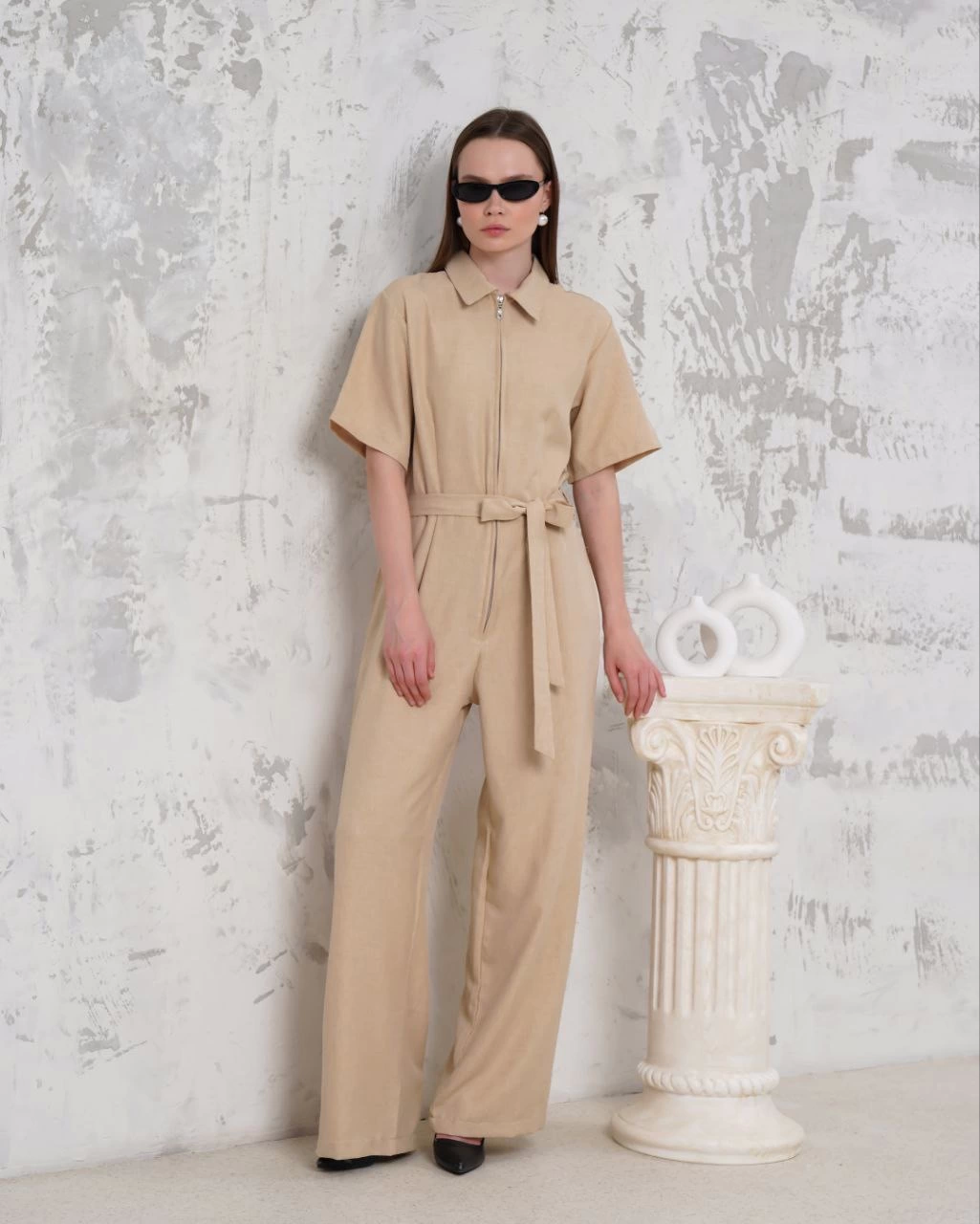Belted Shirt Collar Casual Overalls Beige