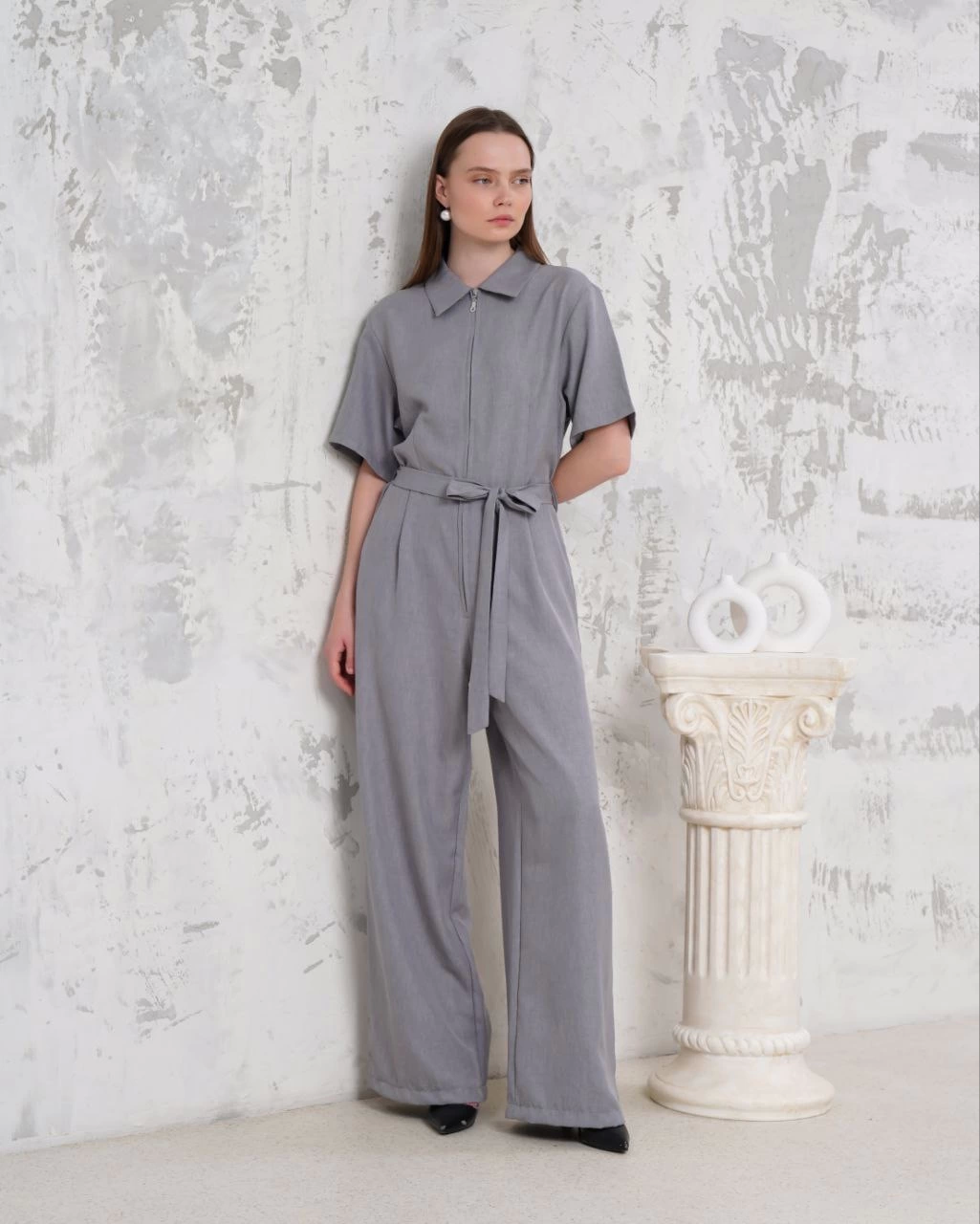 Belted Shirt Collar Casual Overalls Gray