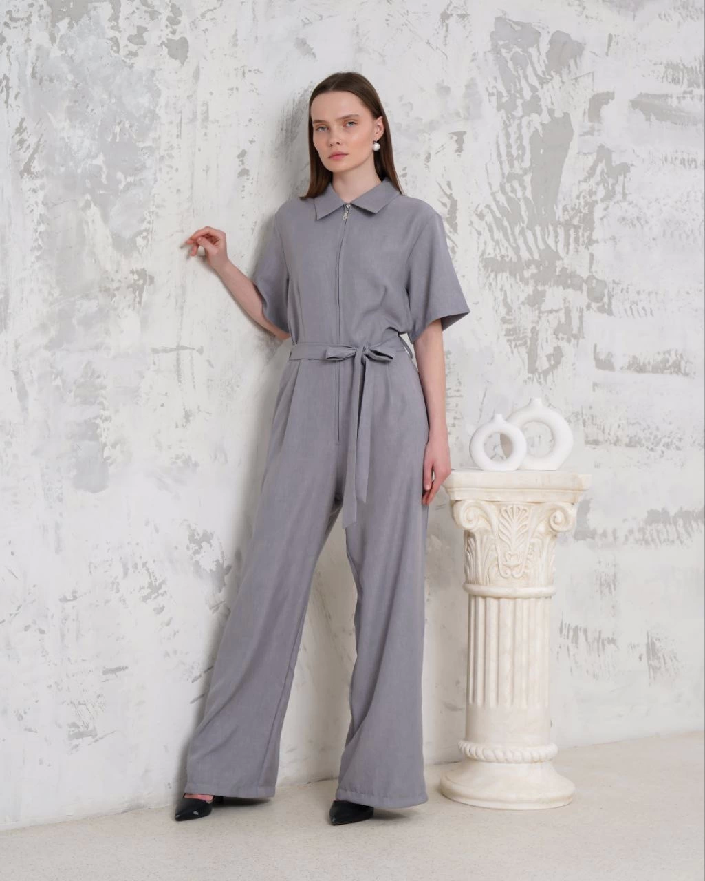 Belted Shirt Collar Casual Overalls Gray