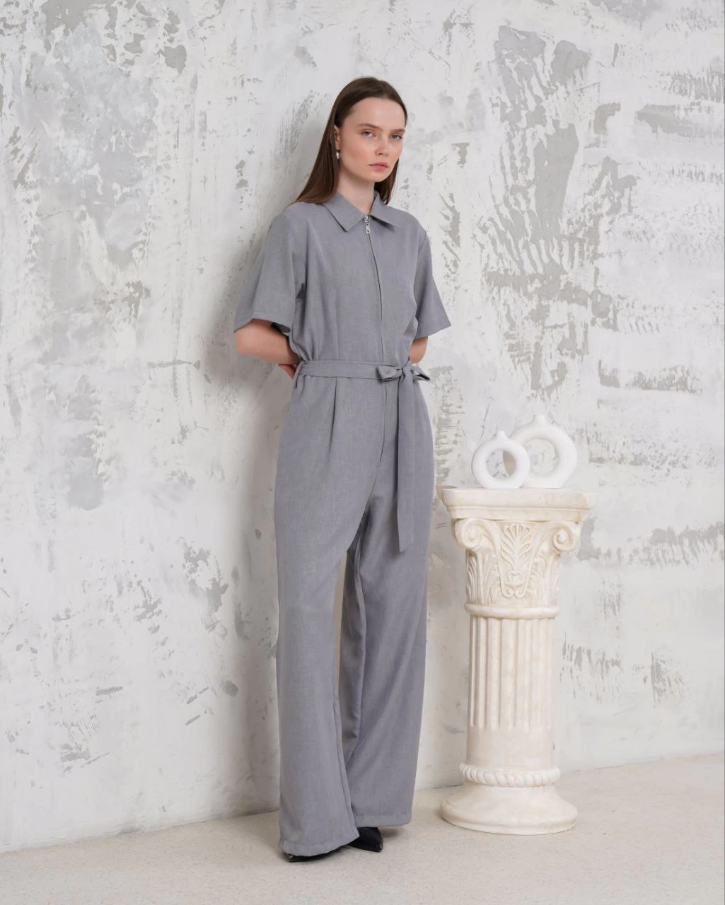 Belted Shirt Collar Casual Overalls Gray