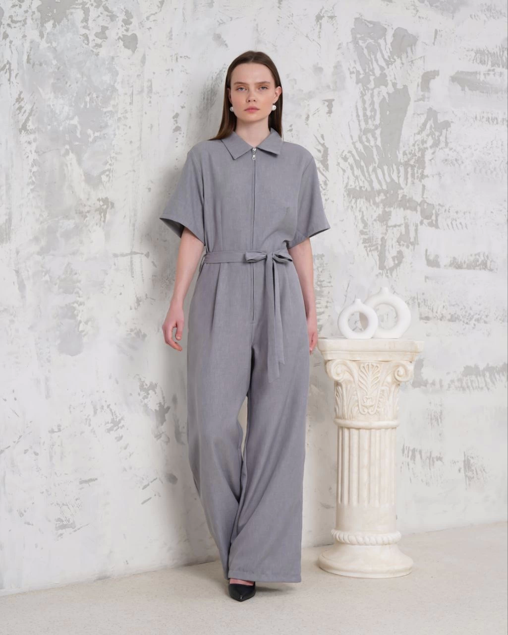 Belted Shirt Collar Casual Overalls Gray