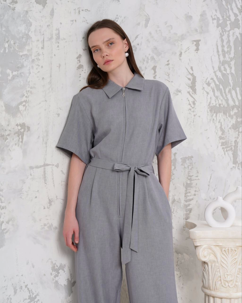 Belted Shirt Collar Casual Overalls Gray