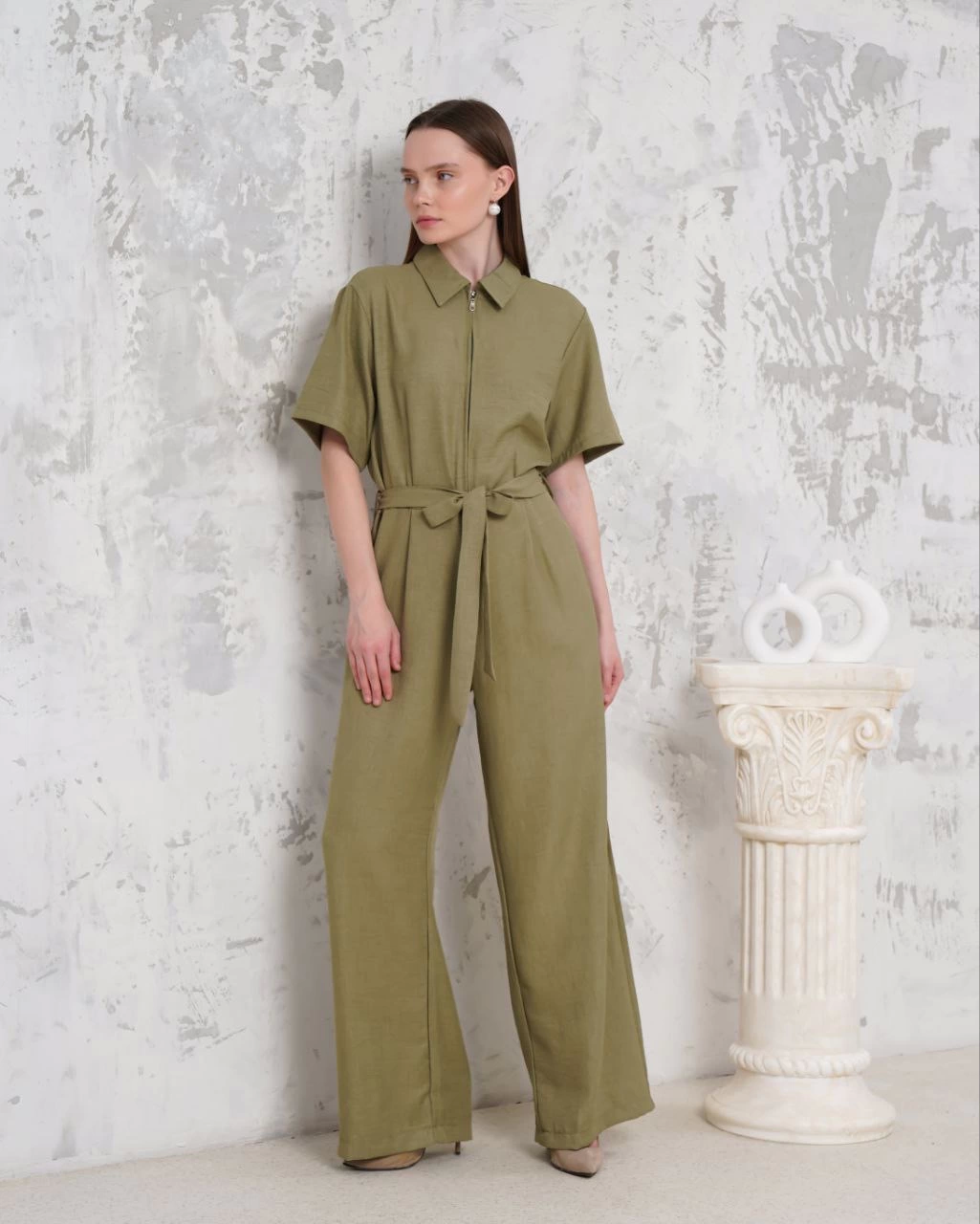 Belted Shirt Collar Casual Overalls Khaki