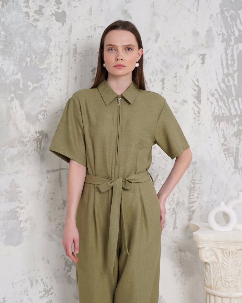 Belted Shirt Collar Casual Overalls Khaki
