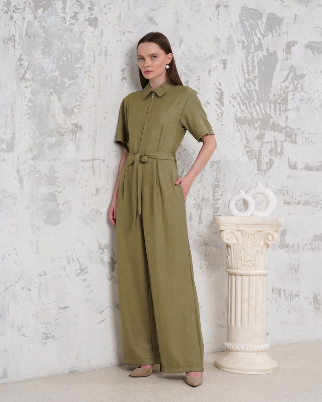Belted Shirt Collar Casual Overalls Khaki
