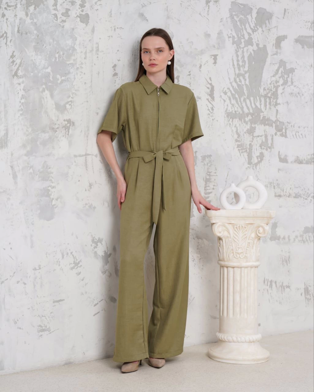 Belted Shirt Collar Casual Overalls Khaki