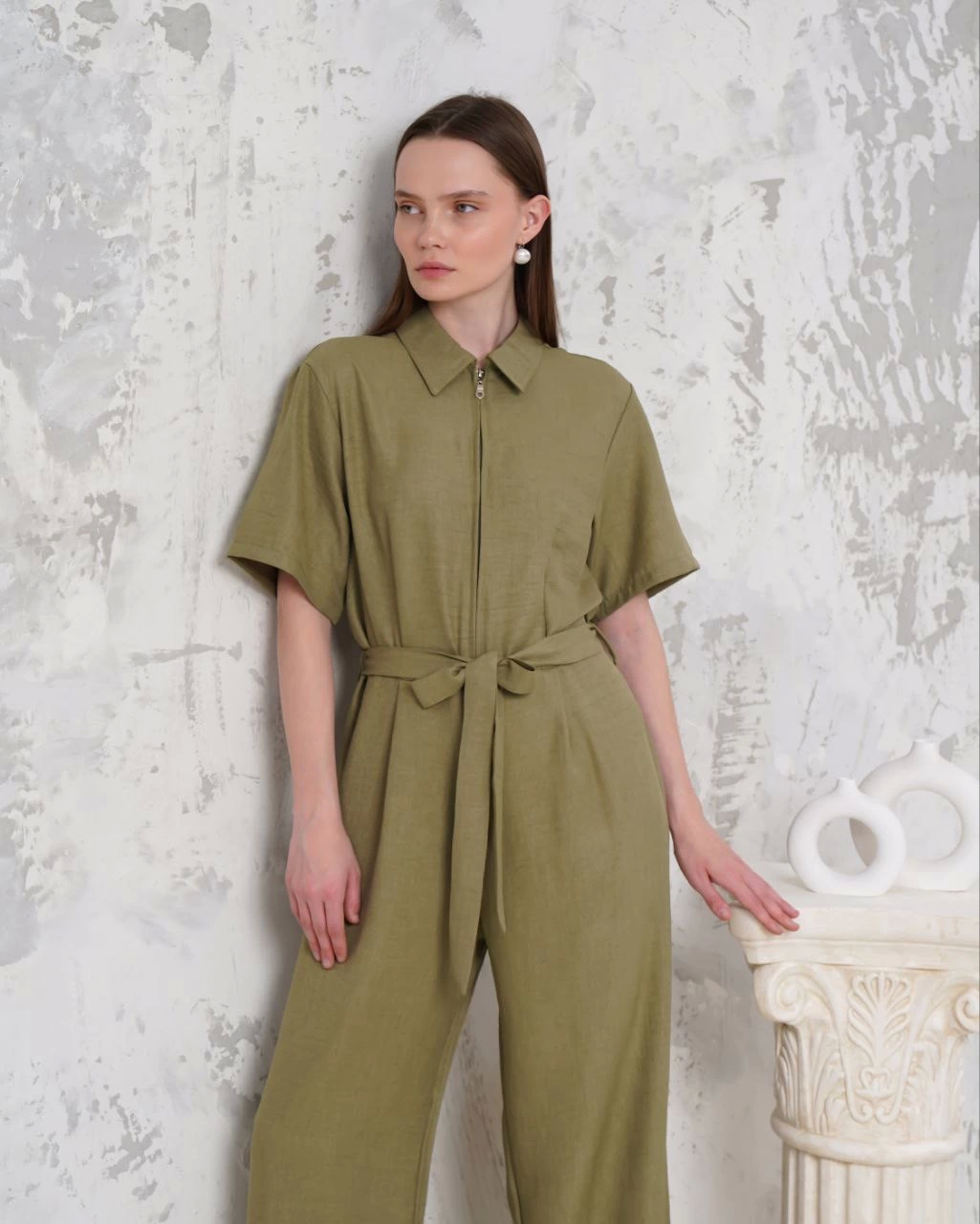 Belted Shirt Collar Casual Overalls Khaki