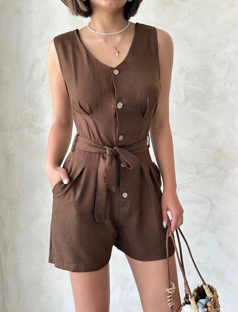 Pocketed Comfortable Fabric Belted Shorts Overalls - Brown