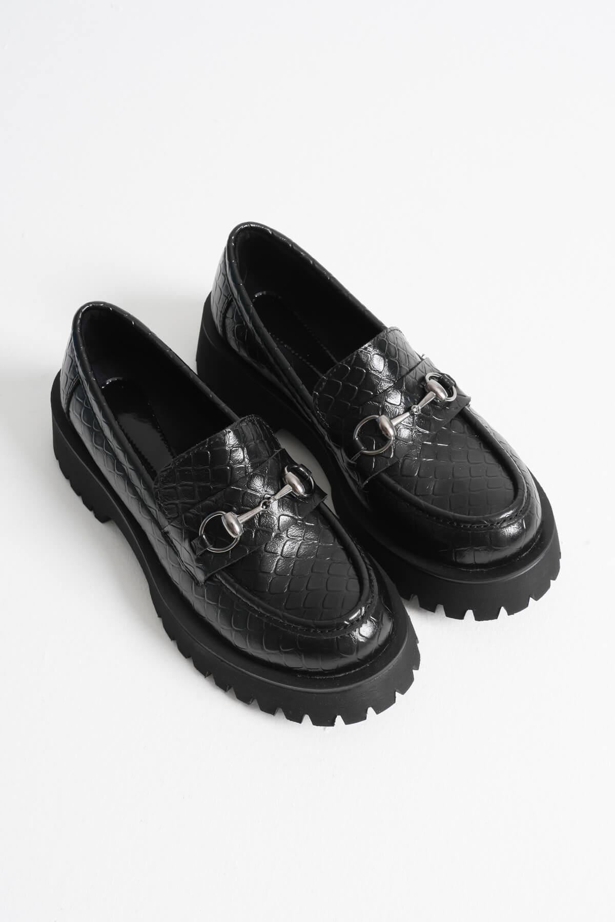 Doria Premium Toka Detaylı Siyah Kroko Baskılı Günlük Loafer Ayakkabı