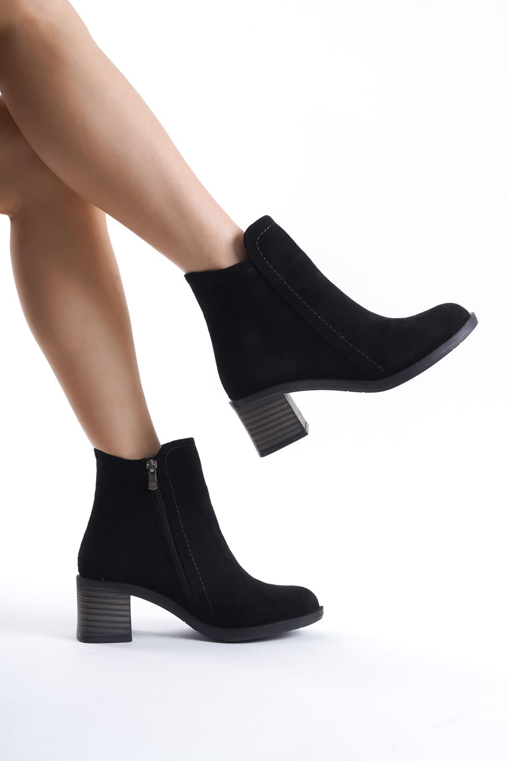 LARIO Zippered Orthopedic Sole Heeled Suede Women's Boots - Black