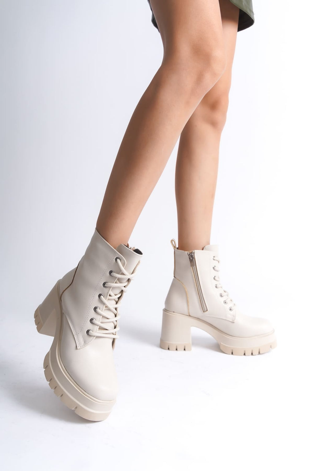 LAUREN Lace-Up Zippered Orthopedic Heeled Women's Cream Boots