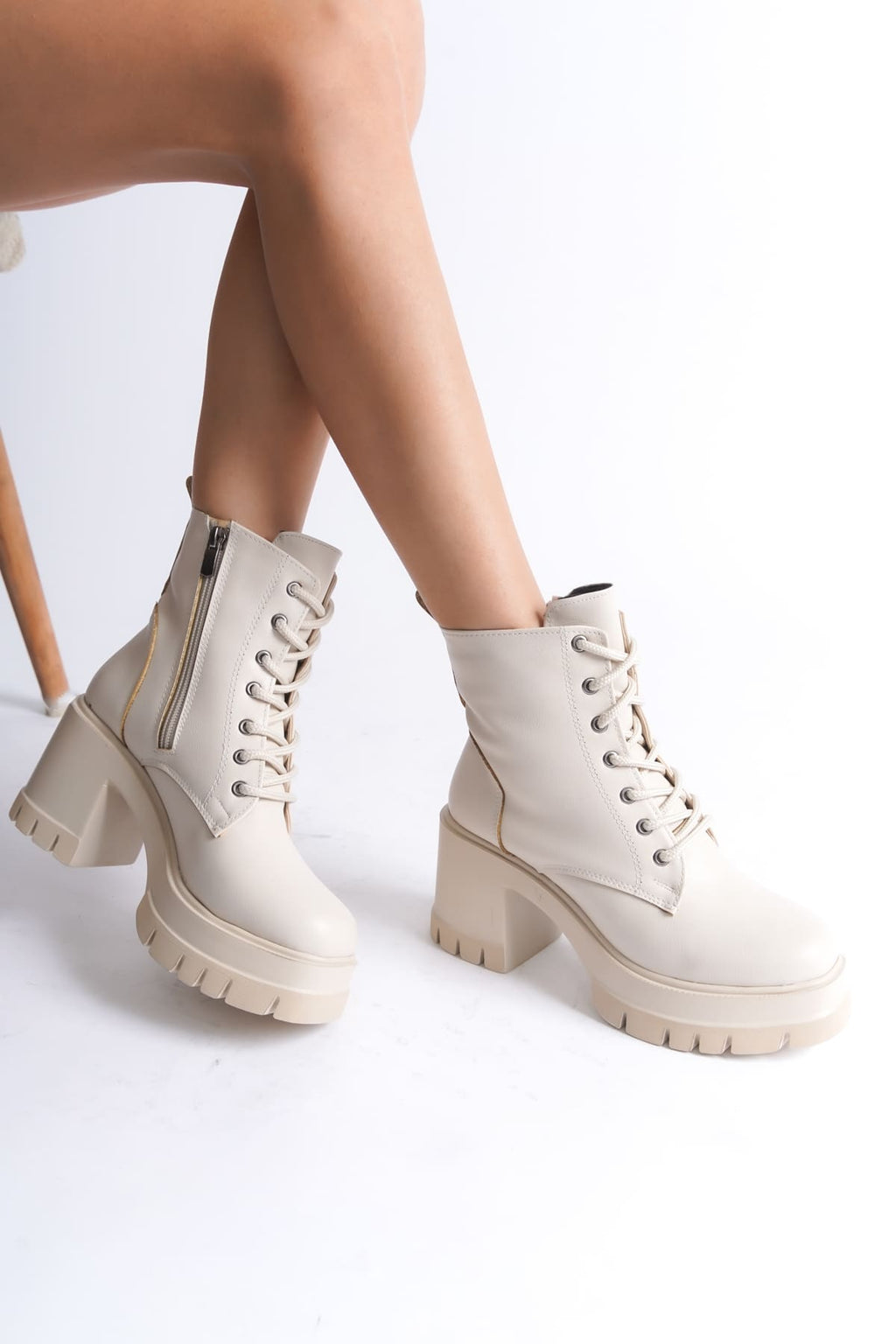 LAUREN Lace-Up Zippered Orthopedic Heeled Women's Cream Boots