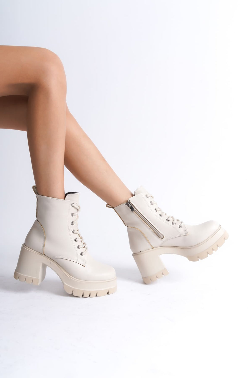 LAUREN Lace-Up Zippered Orthopedic Heeled Women's Cream Boots
