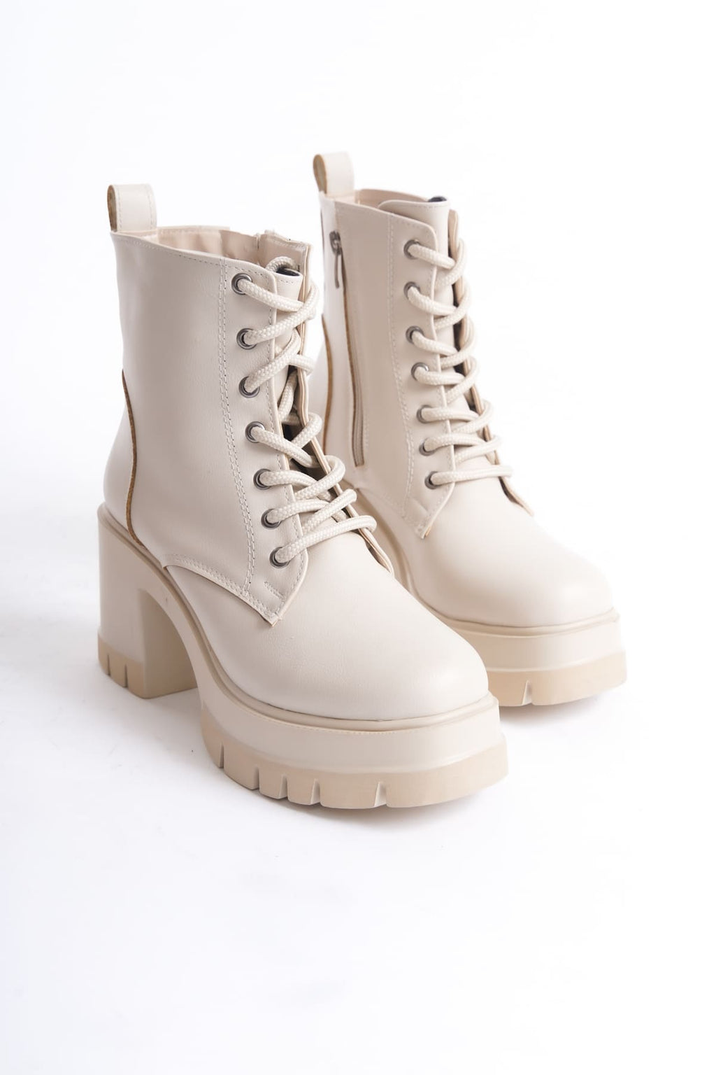LAUREN Lace-Up Zippered Orthopedic Heeled Women's Cream Boots