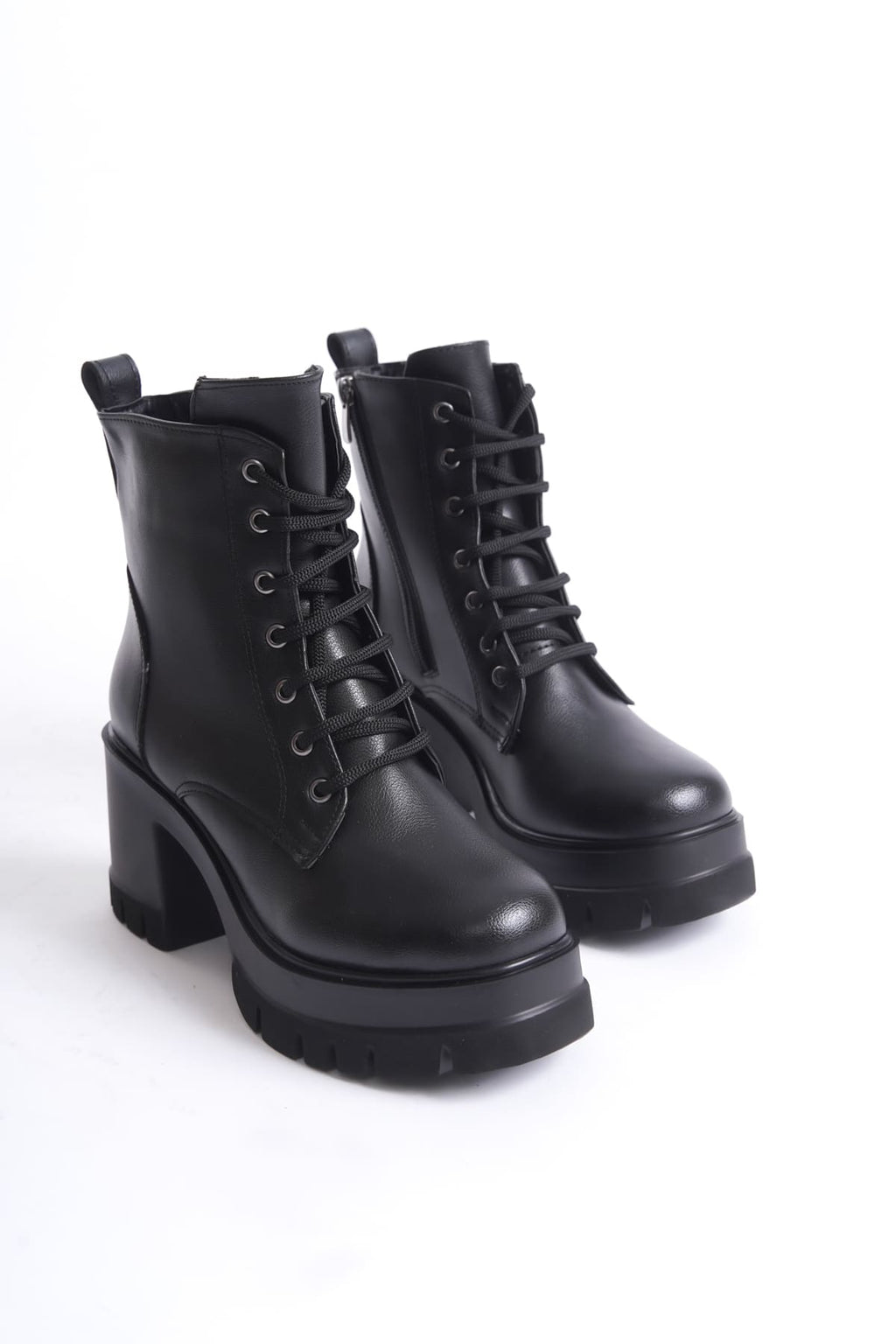 LAUREN Lace-Up Zippered Orthopedic Heeled Women's Boots Black