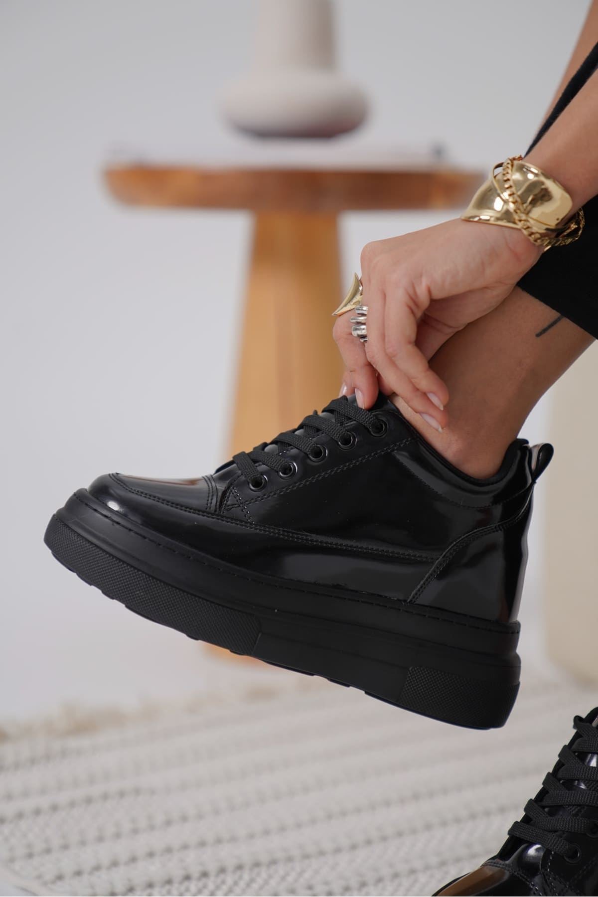 Alexis Premium Hidden Heel Black Patent Leather Women's Sneakers