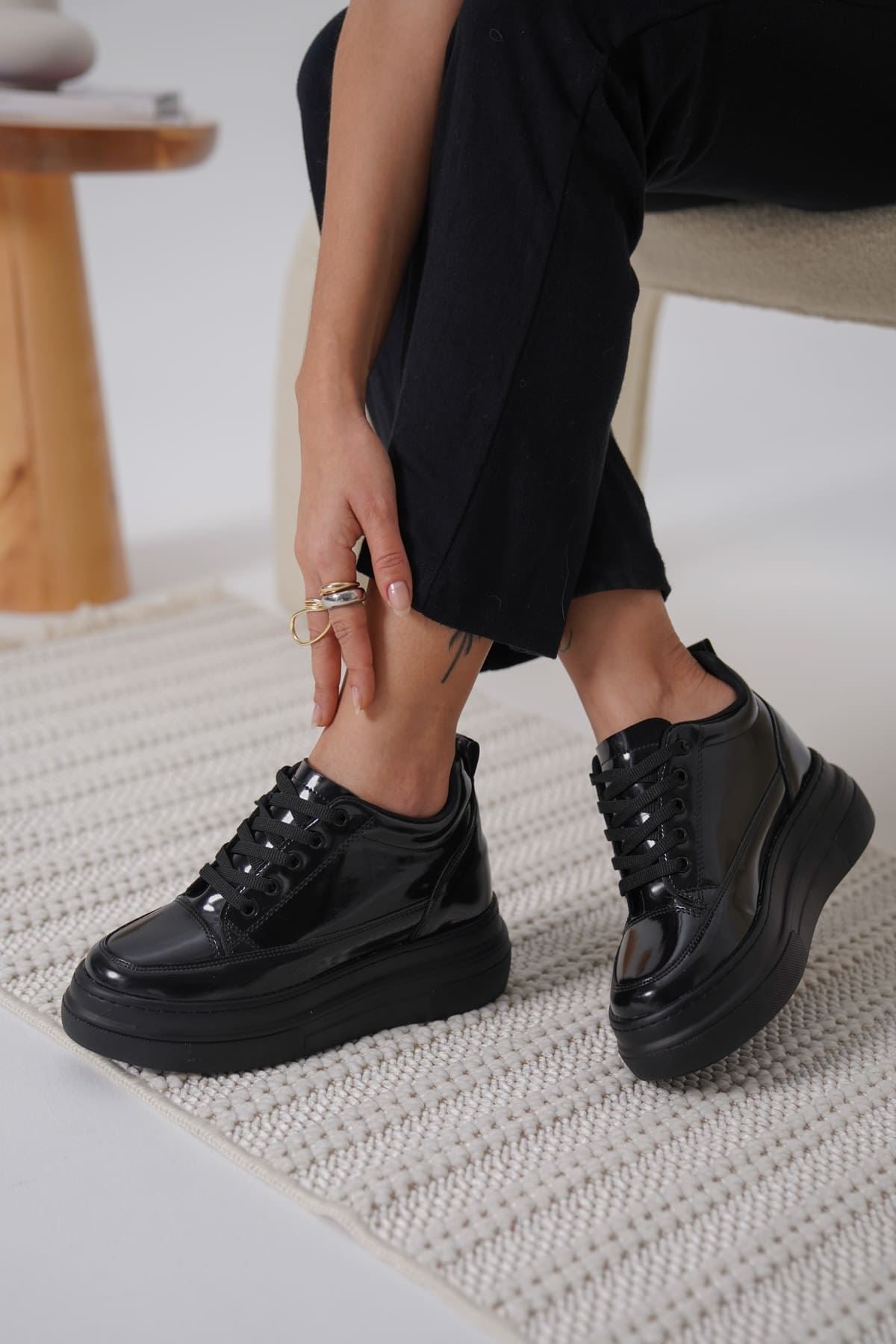 Alexis Premium Hidden Heel Black Patent Leather Women's Sneakers
