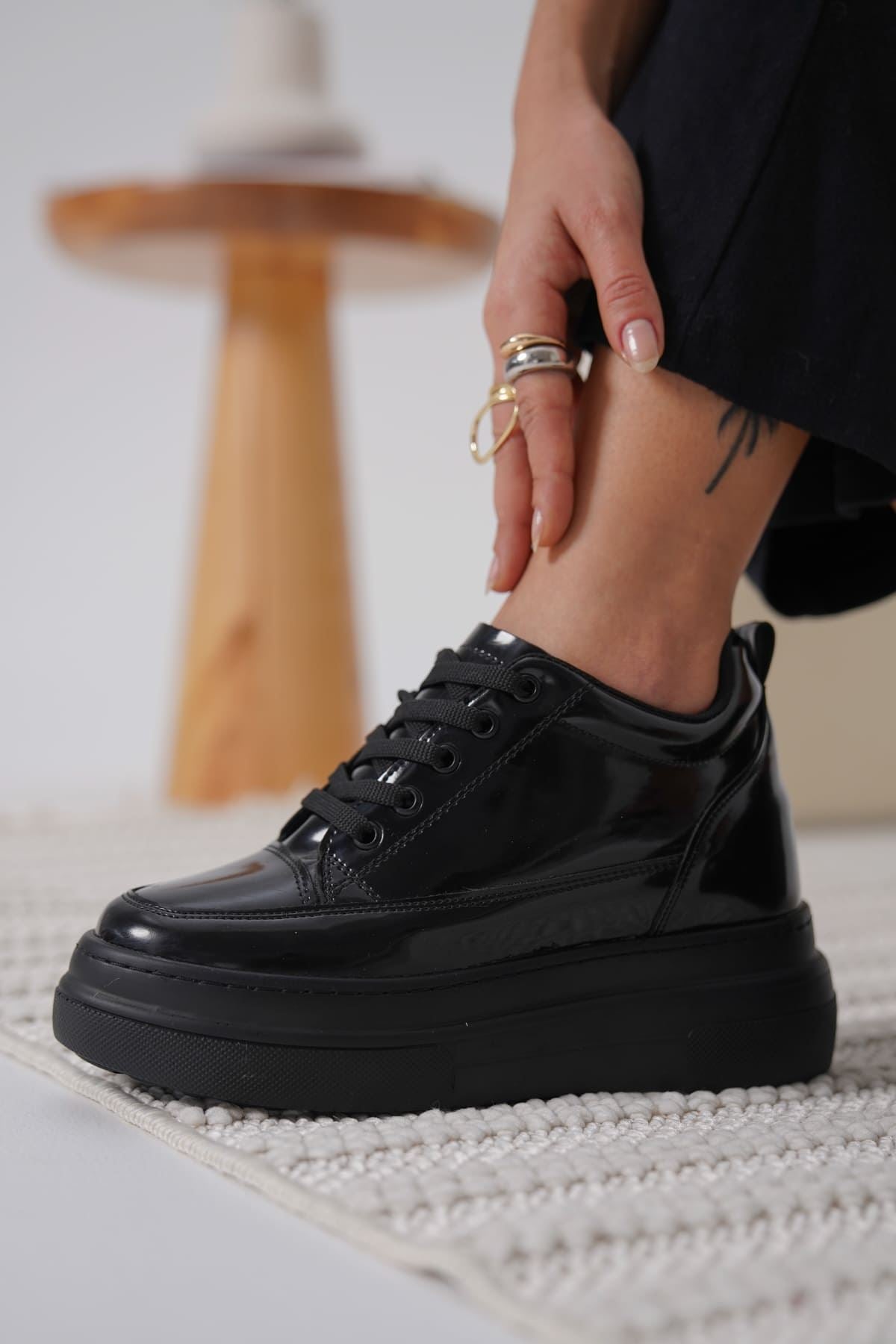 Alexis Premium Hidden Heel Black Patent Leather Women's Sneakers