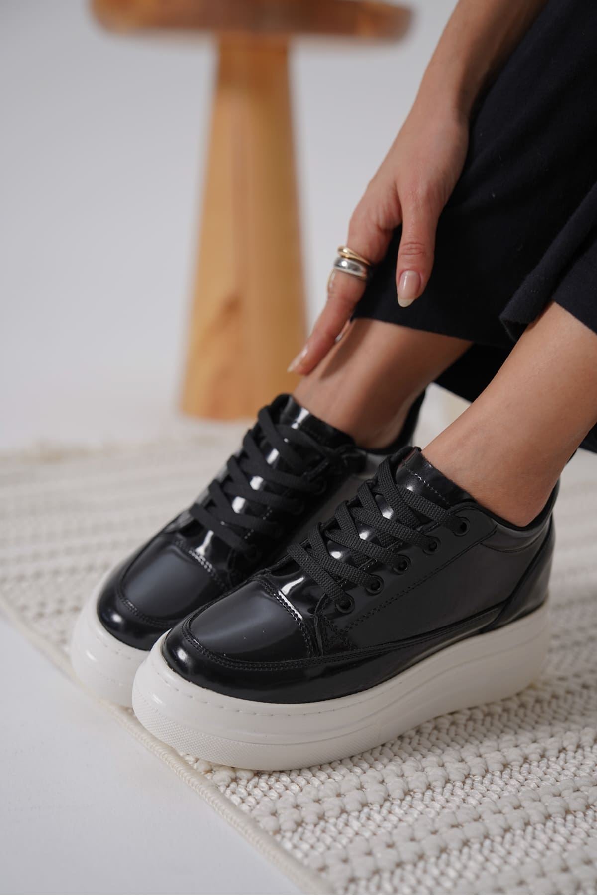 Alexis Premium Hidden Heel Patent Leather Black White Women's Sneakers