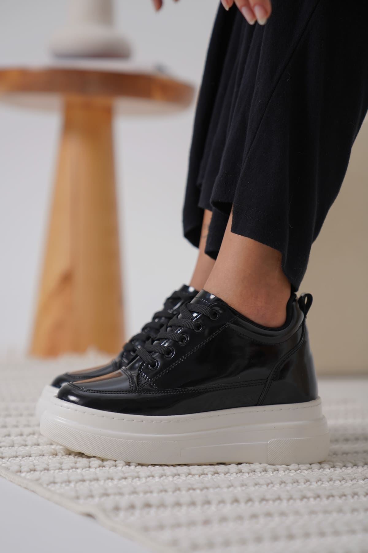 Alexis Premium Hidden Heel Patent Leather Black White Women's Sneakers