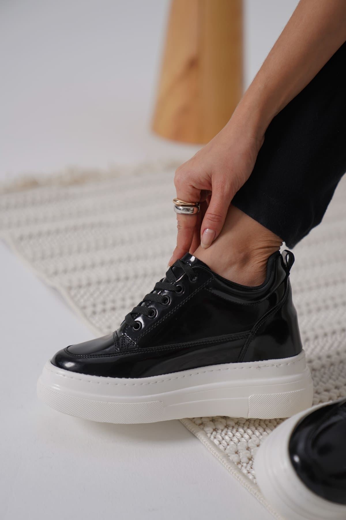 Alexis Premium Hidden Heel Patent Leather Black White Women's Sneakers