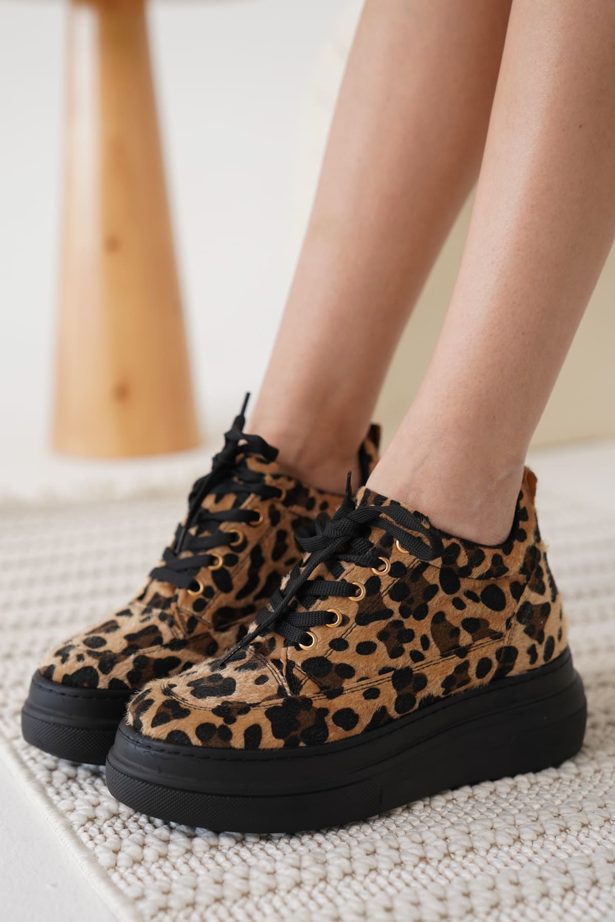 Alexis Premium 8 cm Gizli Topuk Kadın Siyah Leopar Spor Ayakkabı