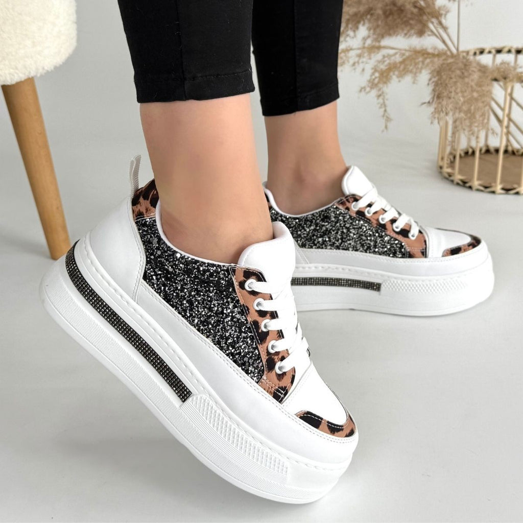 Lawin Premium Beyaz Siyah Simli Bağcıklı Kalın Taban Spor Ayakkabı