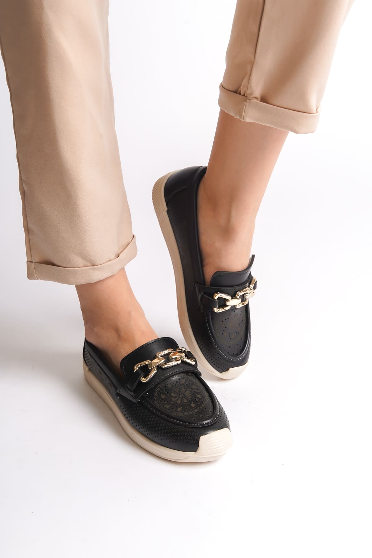 LAYLA Laceless Floral Patterned Women's Orthopedic Ballerina Black