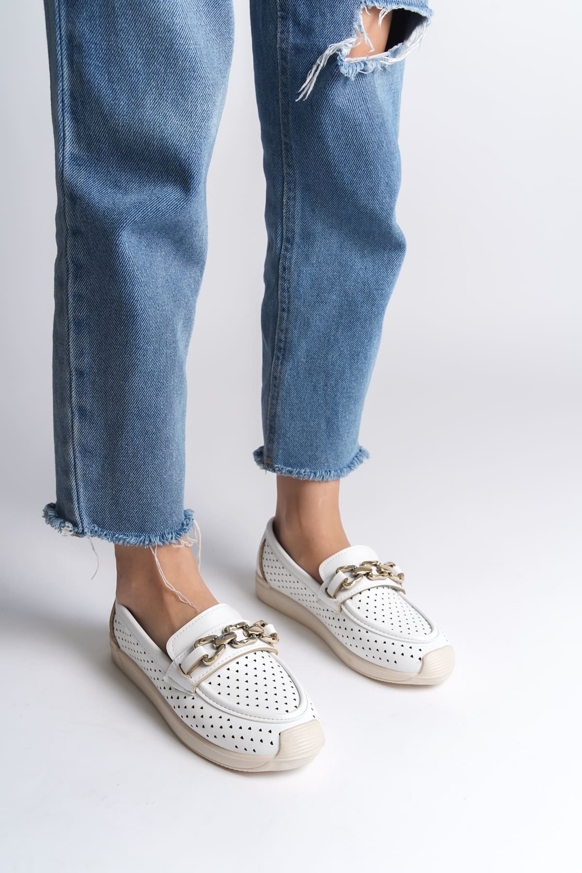 LAYLA Laceless Heart Patterned Women's Orthopedic Ballerina White