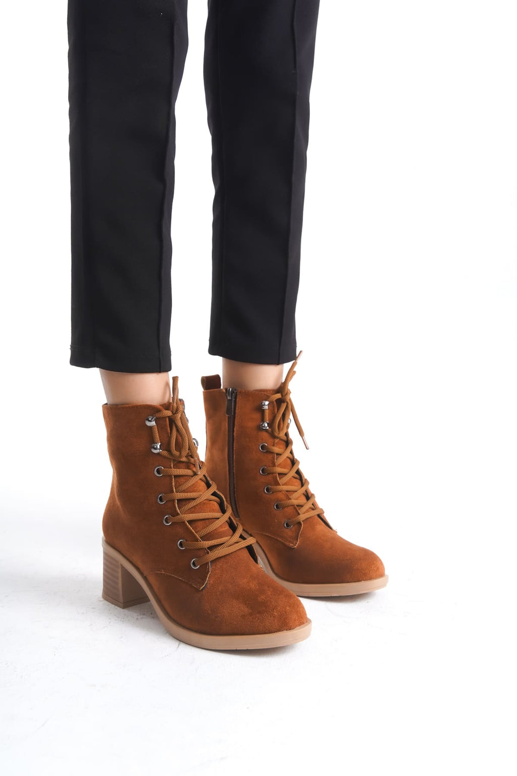 LENA Lace-Up Zippered Orthopedic Sole Heeled Women's Boots - Suede Tan