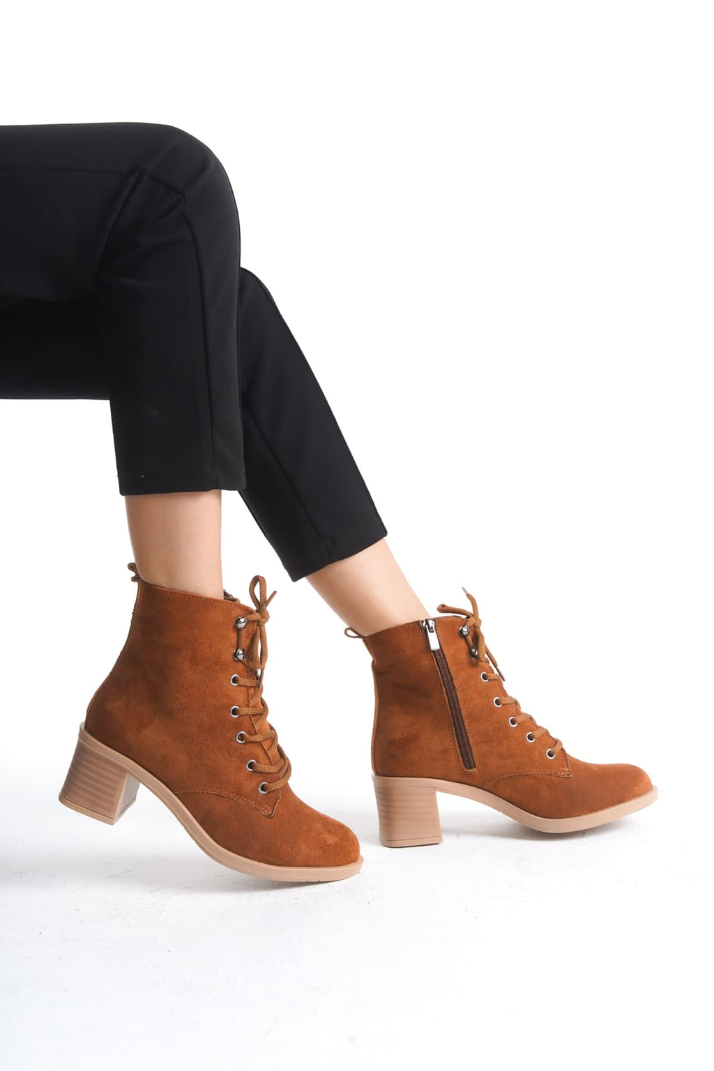LENA Lace-Up Zippered Orthopedic Sole Heeled Women's Boots - Suede Tan