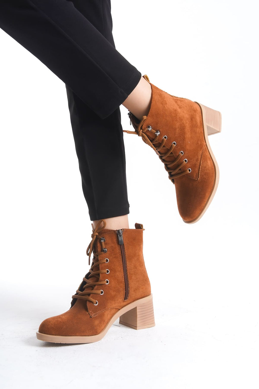 LENA Lace-Up Zippered Orthopedic Sole Heeled Women's Boots - Suede Tan