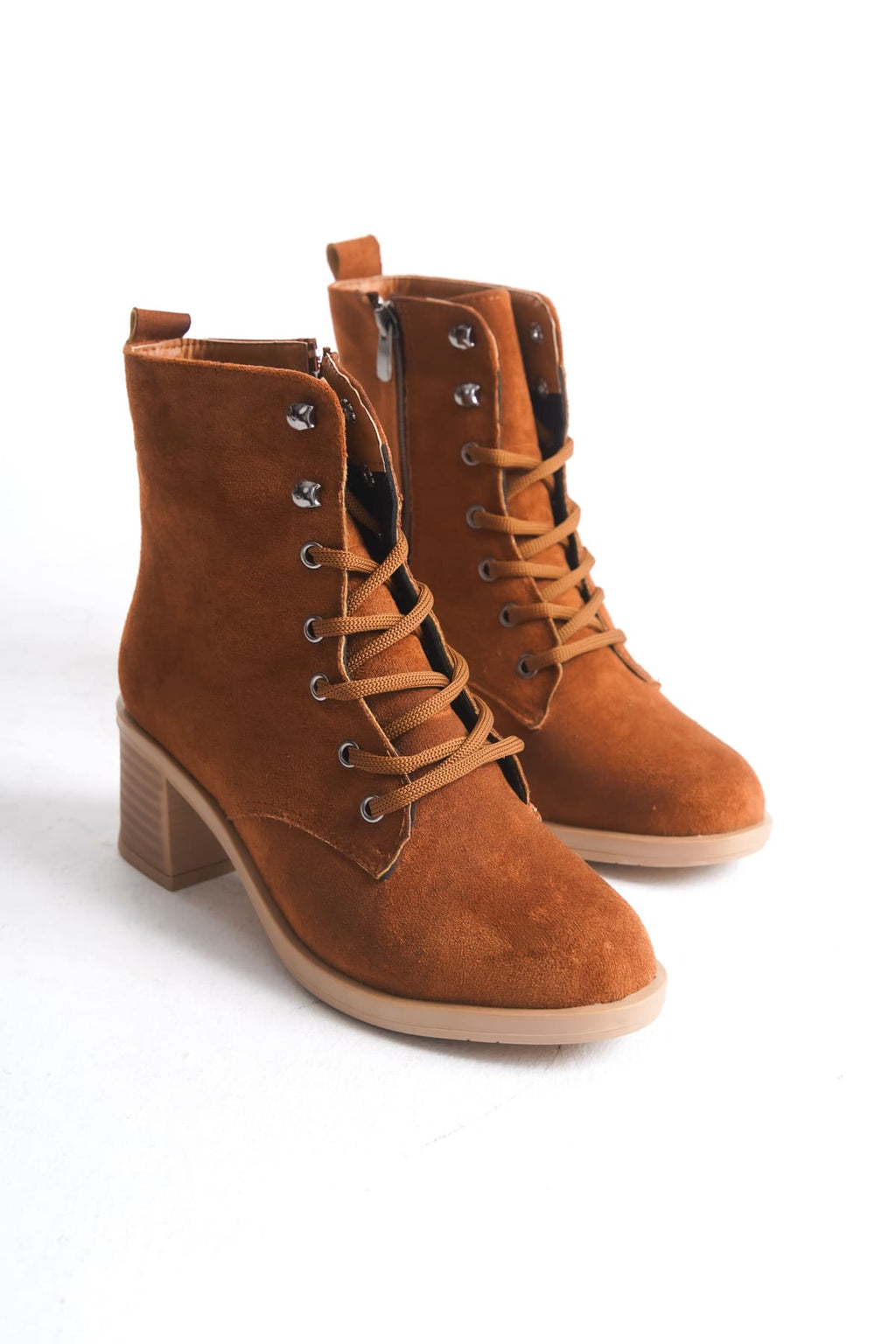 LENA Lace-Up Zippered Orthopedic Sole Heeled Women's Boots - Suede Tan
