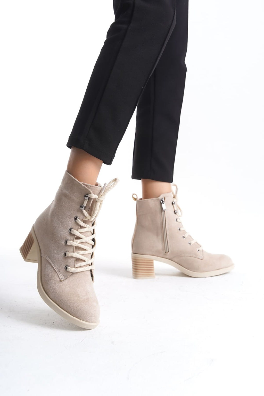 LENA Lace-Up Zippered Orthopedic Sole Heeled Women's Boots - Suede Skin