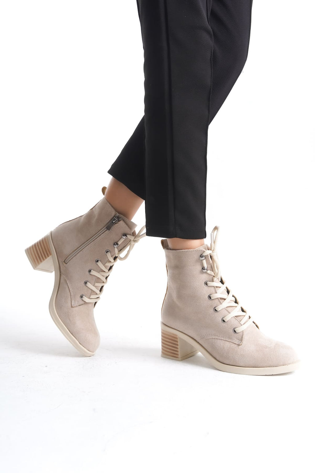 LENA Lace-Up Zippered Orthopedic Sole Heeled Women's Boots - Suede Skin