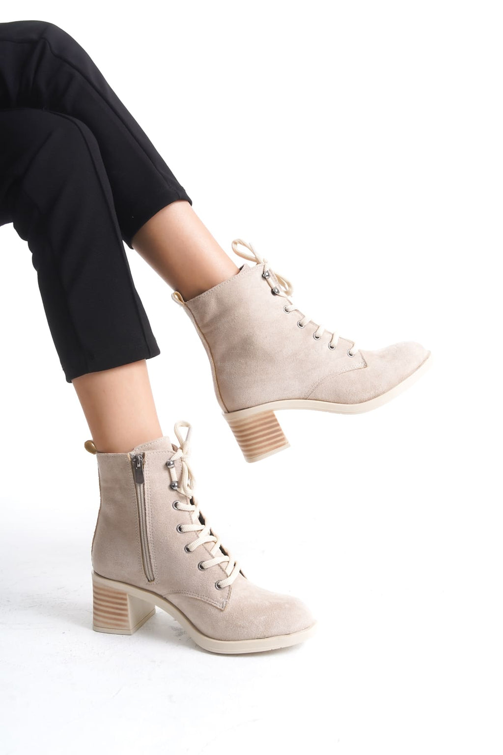 LENA Lace-Up Zippered Orthopedic Sole Heeled Women's Boots - Suede Skin
