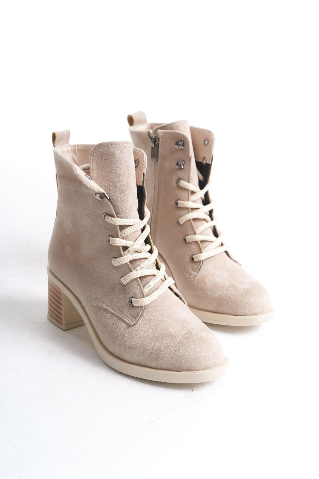 LENA Lace-Up Zippered Orthopedic Sole Heeled Women's Boots - Suede Skin