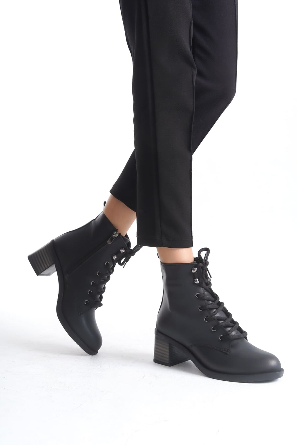 LENA Lace-Up Zippered Orthopedic Sole Heeled Women's Boots - Black