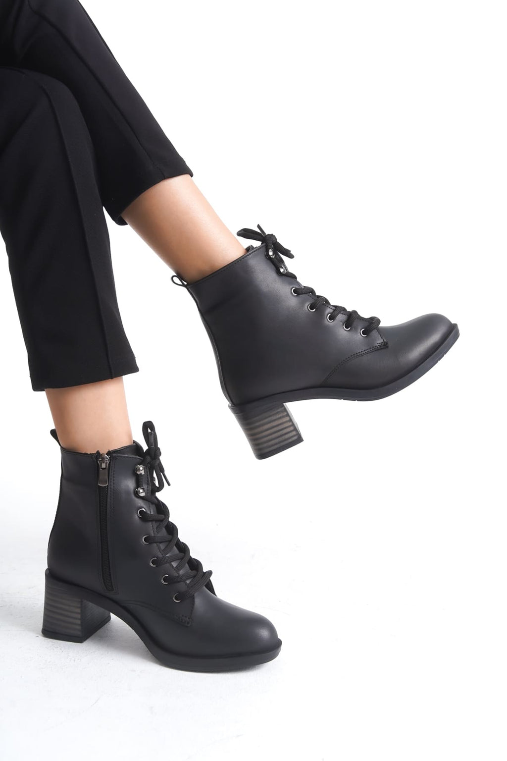 LENA Lace-Up Zippered Orthopedic Sole Heeled Women's Boots - Black
