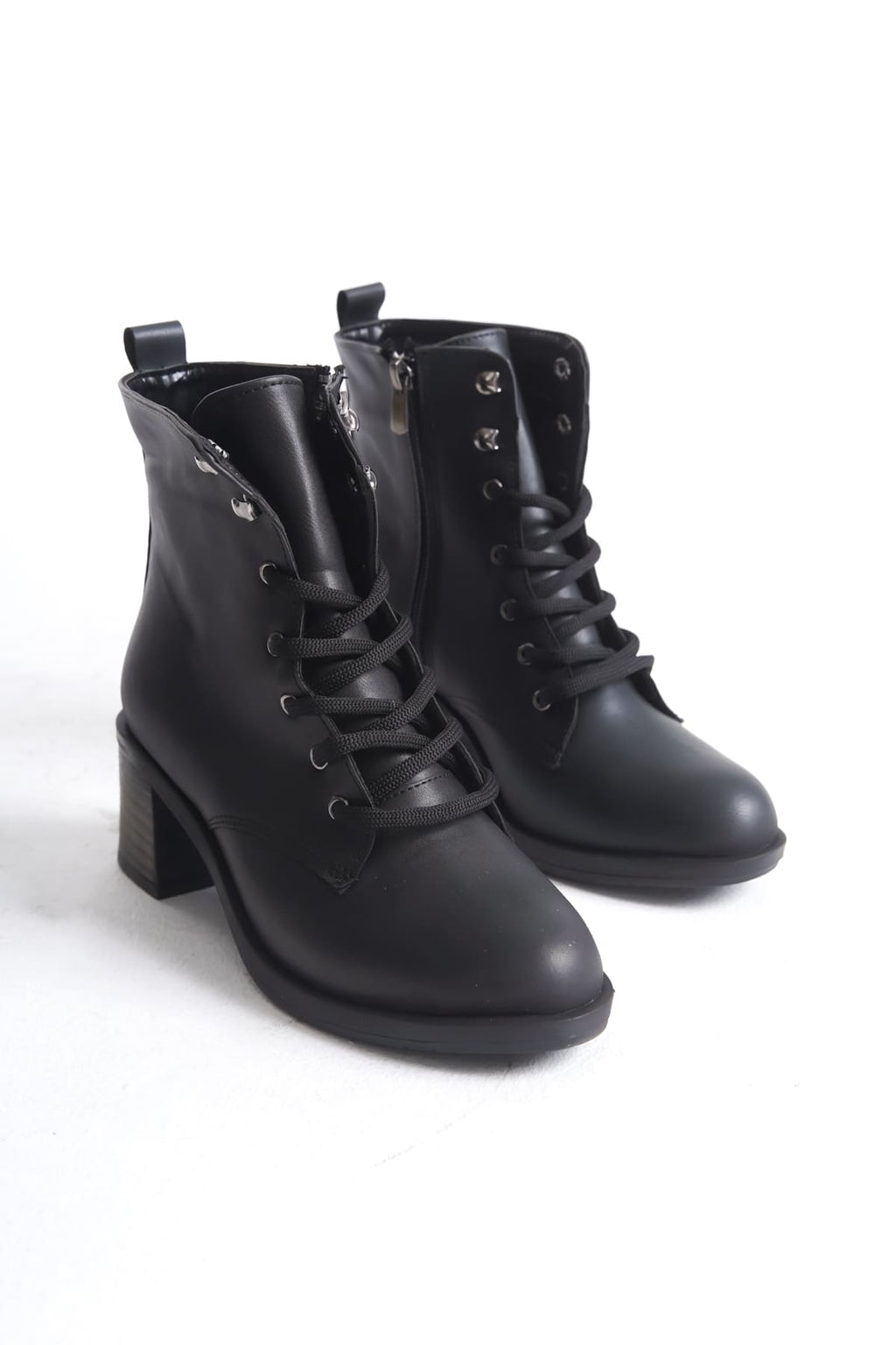 LENA Lace-Up Zippered Orthopedic Sole Heeled Women's Boots - Black