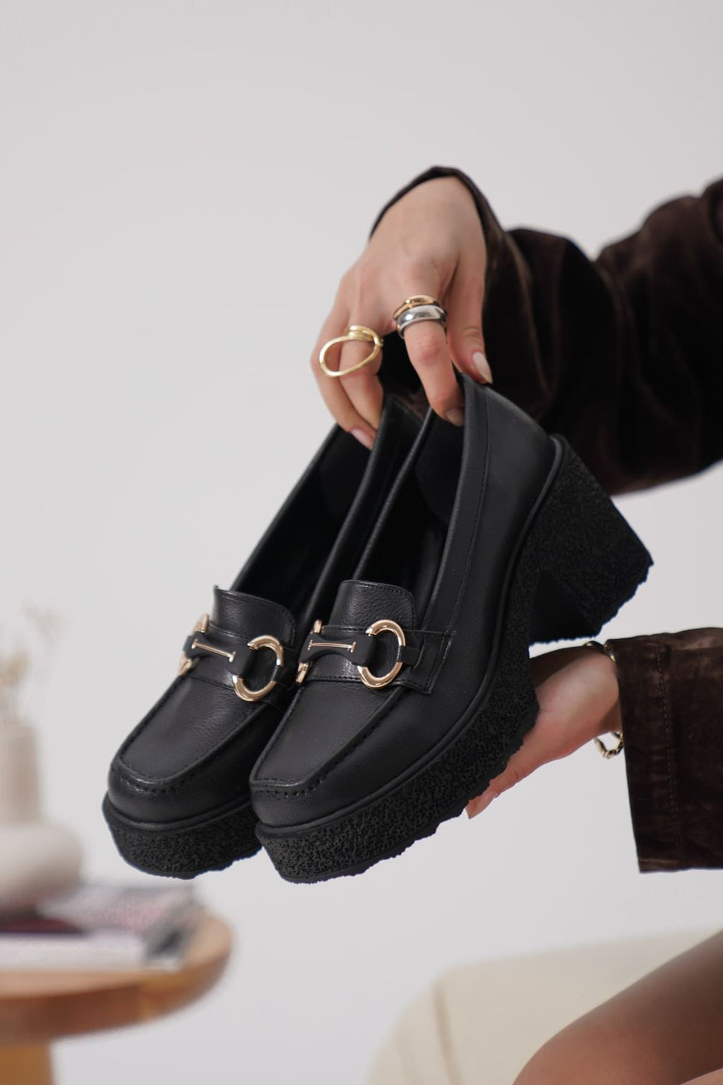 Leona Premium Black Buckled Wedge Heel Shoes