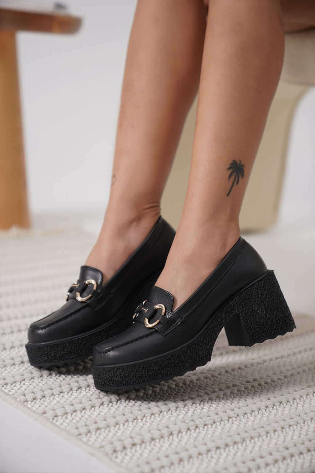 Leona Premium Black Buckled Wedge Heel Shoes